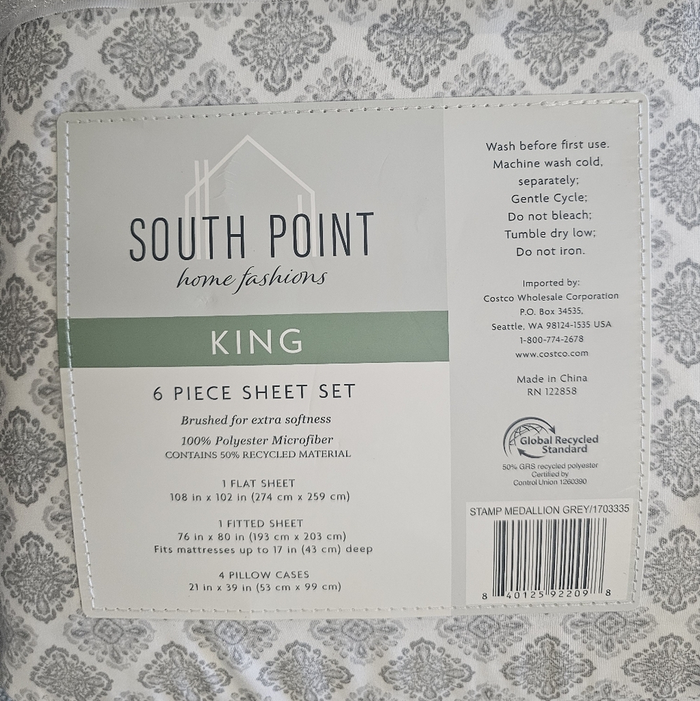 King 6 Pc Sheet Set - Grey And White